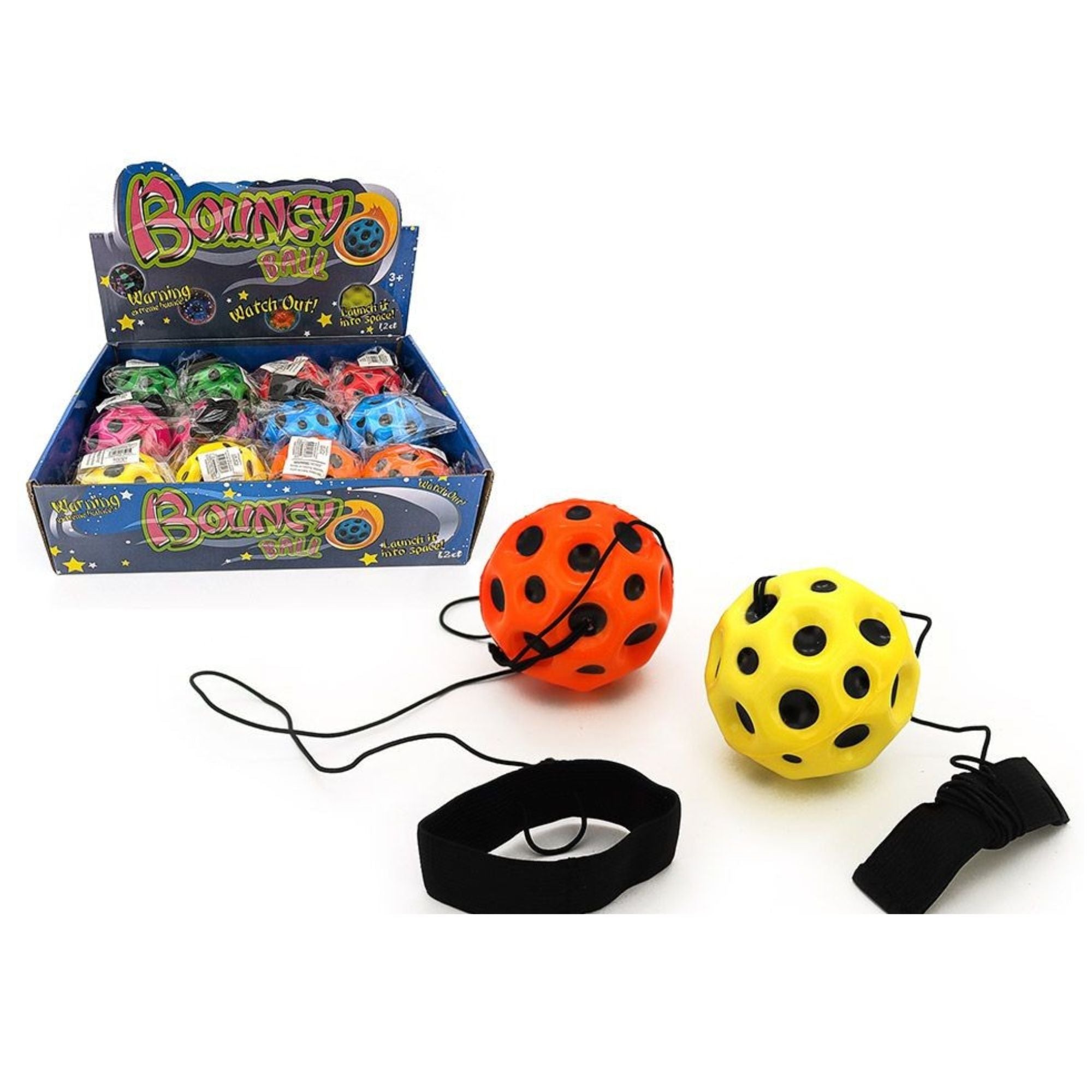 A retail display box of Bouncy Balls, with two loose balls shown in front: one orange with black spots and one yellow with black spots, each attached to a black elastic band, on a white background.
