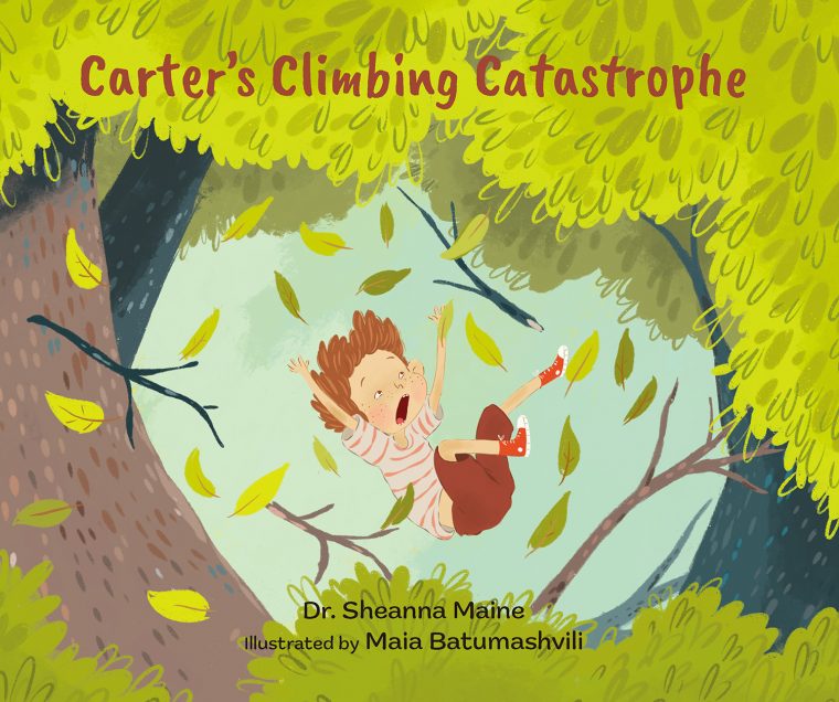 Children's book cover titled 'Carter's Climbing Catastrophe' showing an illustrated girl falling through tree branches with falling leaves in a forest scene.