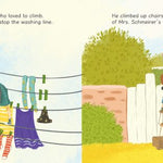 A children's book-style illustrated spread with two panels. The left panel shows a child hanging colorful socks and shorts on a washing line, with text at the top.