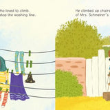 A children's book-style illustrated spread with two panels. The left panel shows a child hanging colorful socks and shorts on a washing line, with text at the top.