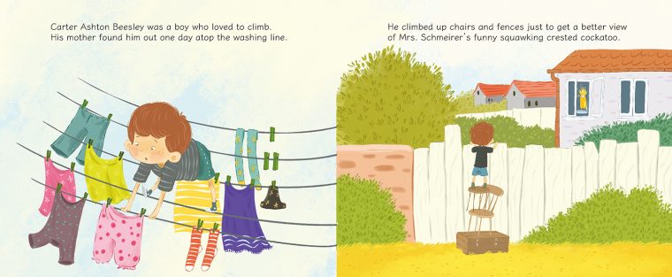 A children's book-style illustrated spread with two panels. The left panel shows a child hanging colorful socks and shorts on a washing line, with text at the top.