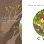 A two-panel illustrated children's book spread showing a child climbing a tree on the left with text and the word 'CRACK!!' printed on a white on the right