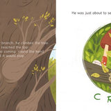 A two-panel illustrated children's book spread showing a child climbing a tree on the left with text and the word 'CRACK!!' printed on a white on the right