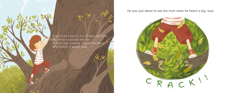 A two-panel illustrated children's book spread showing a child climbing a tree on the left with text and the word 'CRACK!!' printed on a white on the right