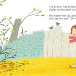 A children's book illustration showing a girl in a pink top and blue pants leaning against a white fence while a boy with red hair sits on the ground near broken branches.