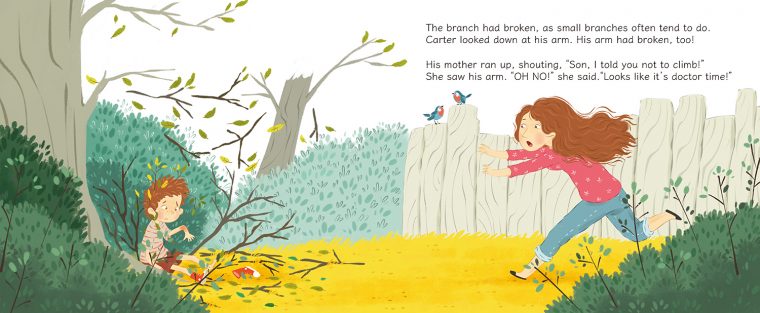A children's book illustration showing a girl in a pink top and blue pants leaning against a white fence while a boy with red hair sits on the ground near broken branches.