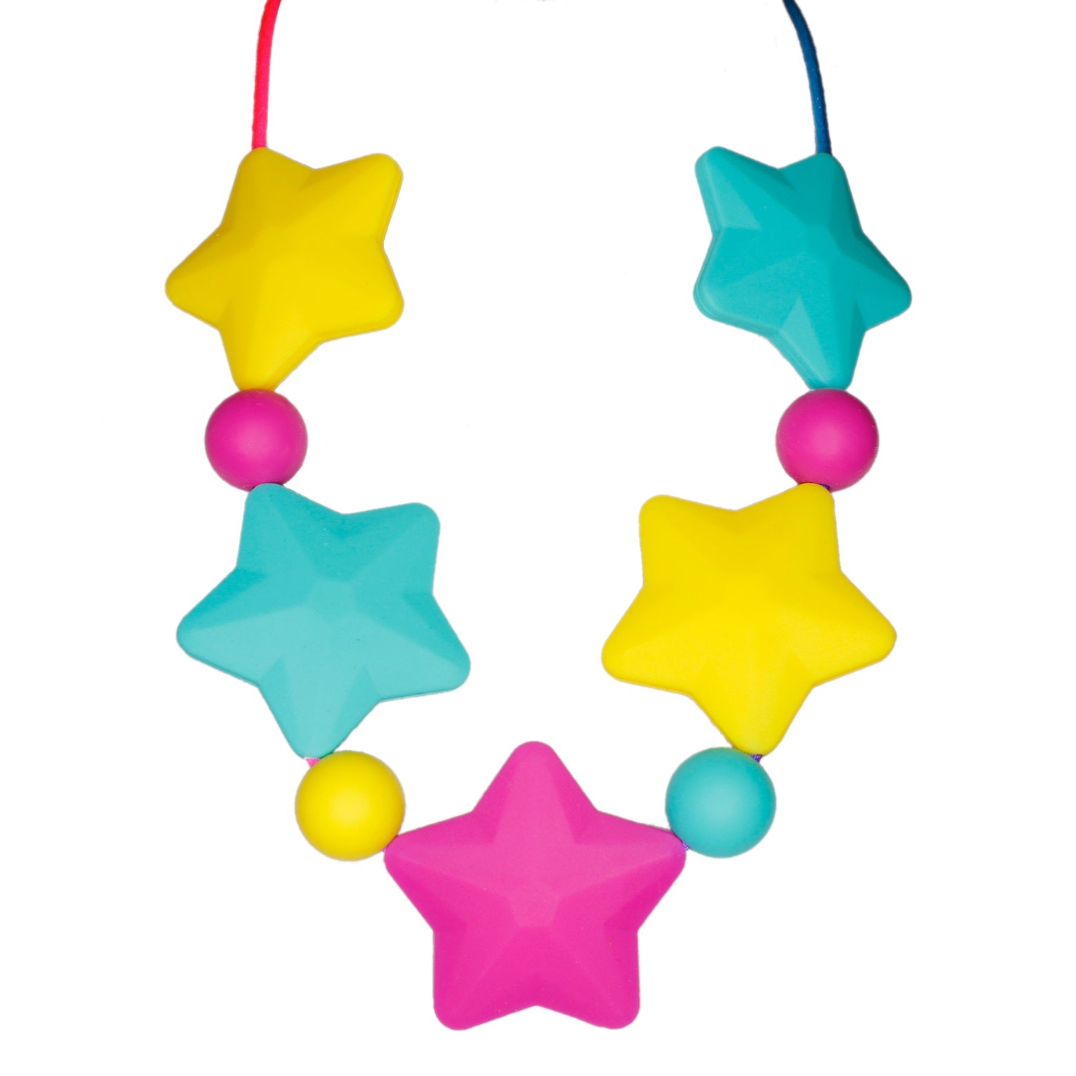 A colorful beaded necklace featuring faceted star beads displayed on a white background.