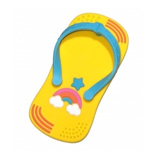 Yellow sandal with blue strap on a white background