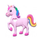 A pink cartoon unicorn chew shown on a plain white background.