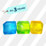 Three colored ice cubes with 'Chilly Cube' branding on a white background.