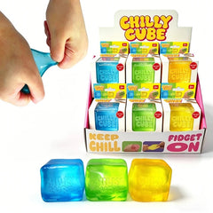 Chilly Cube fidget toys with packaging and a hand interacting with one of them.