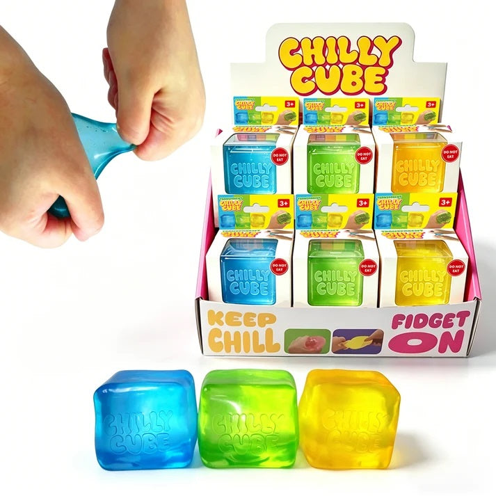 Chilly Cube fidget toys with packaging and a hand interacting with one of them.
