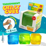 Transparent Chilly Cube packaging with three colored cubes on a snowy background