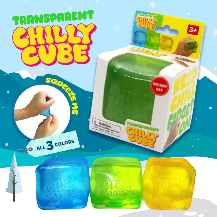 Transparent Chilly Cube packaging with three colored cubes on a snowy background