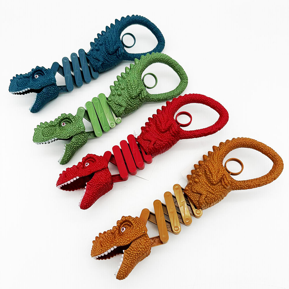 Four dinosaur-shaped extendable toys arranged diagonally on a white background, featuring textured scales and spring mechanisms.