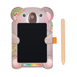 Children's drawing board with a koala design and a wooden stylus on a white background