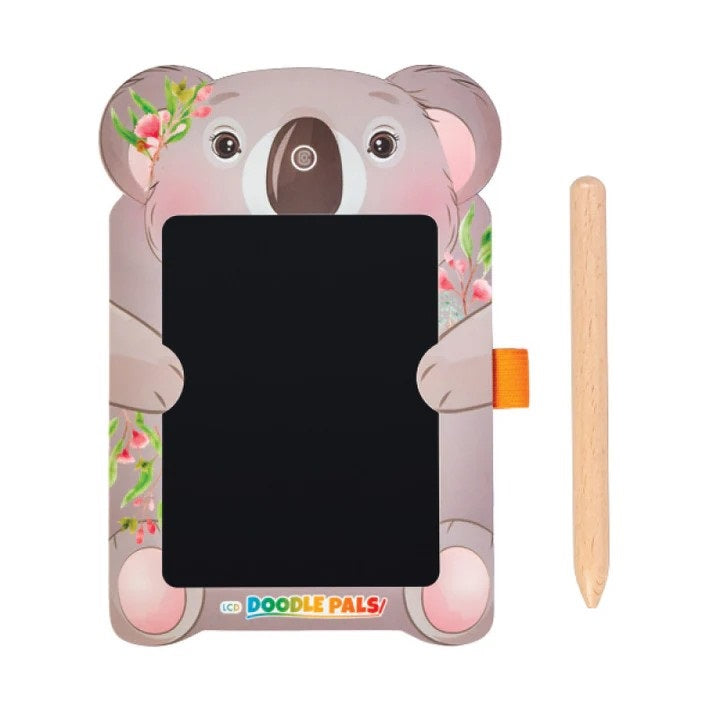Children's drawing board with a koala design and a wooden stylus on a white background