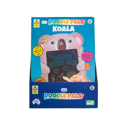 Doodle Pals Koala LCD toy display box on a white background, featuring a blue box with a cartoon koala holding a black chalkboard that says 'DRAW WITH ME!'.
