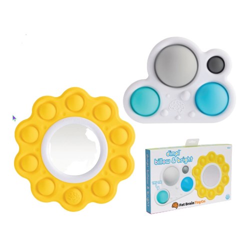 Yellow and white pop-it toy with blue and gray components on a white background