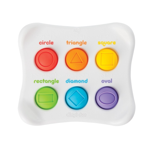Colorful shape recognition toy with labeled buttons on a white background