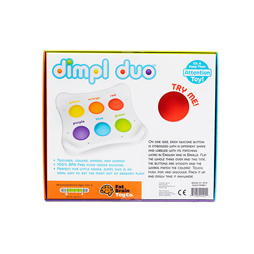 Box of a colorful toy with labeled buttons on a white background