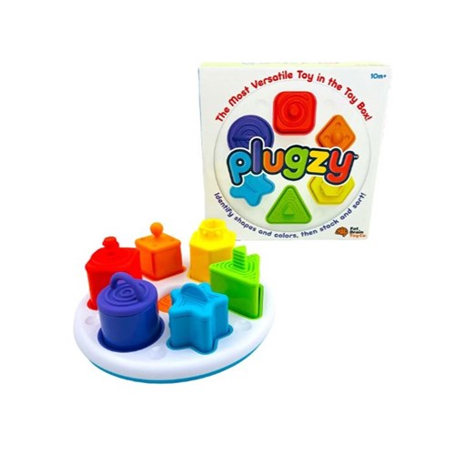 Colorful toy with geometric shapes and a 'Plugzy' packaging on a white background