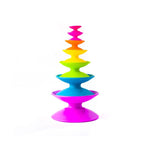 Coloruful, tiered toy pieces made of smooth plastic, featuring a rainbow gradient from pink to yellow, green, blue, and a larger pink base, set against a plain white background.