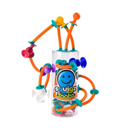Colorful toy with flexible arms and legs in a clear container on a white background