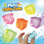 Colorful Mini Chilly Cube toys with a hand holding one, on a water-themed background.