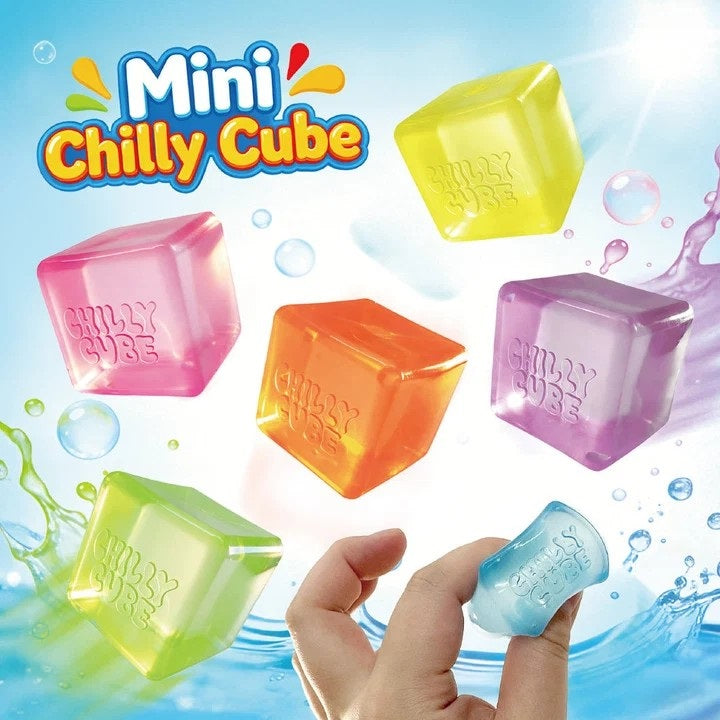 Colorful Mini Chilly Cube toys with a hand holding one, on a water-themed background.