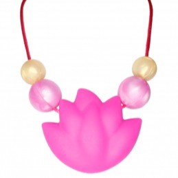 Pink lotus-shaped teething toy with beads on a white background