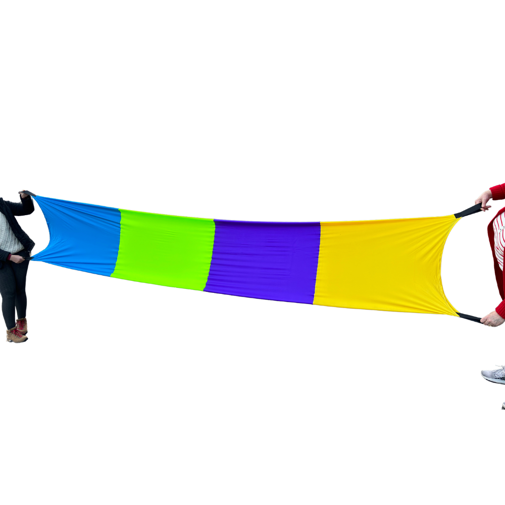 people stretching the rainbow tunnel between themselves