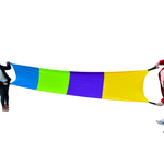 people stretching the rainbow tunnel between themselves