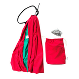 Red and green fabric swing folded with bag and fittings beside