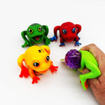 Four colorful frog-shaped squishy toys on a white background, with one being held in a human hand to show its squeeze function.