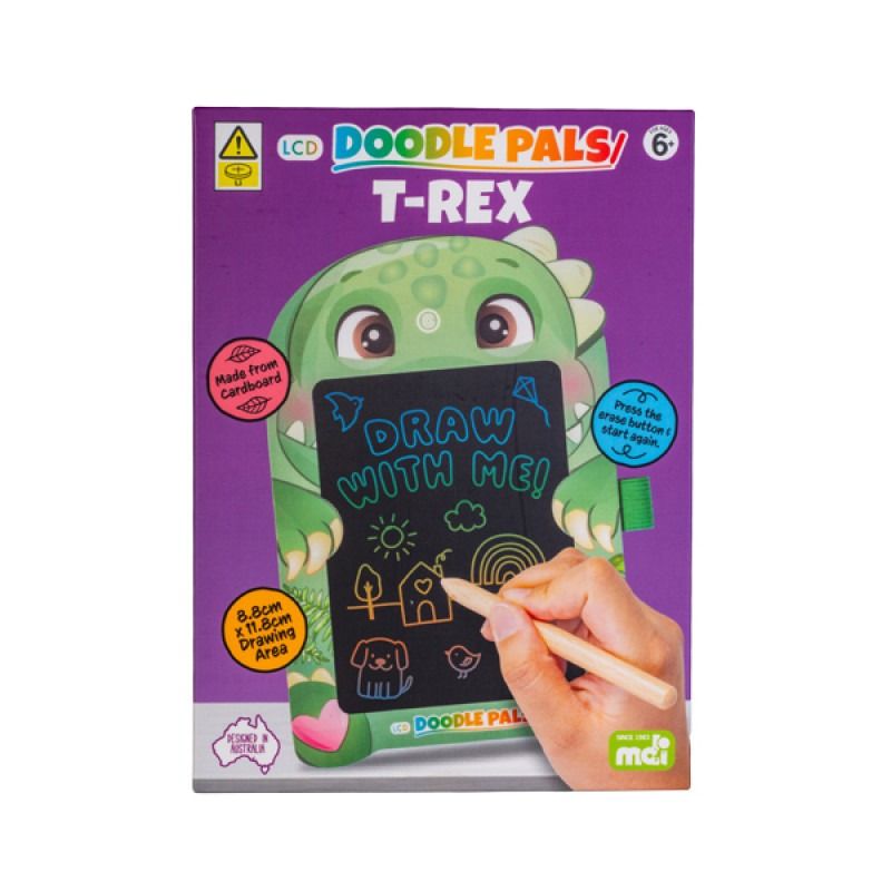 Doodle Pals T-Rex LCD drawing pad packaging with a hand holding a pen.